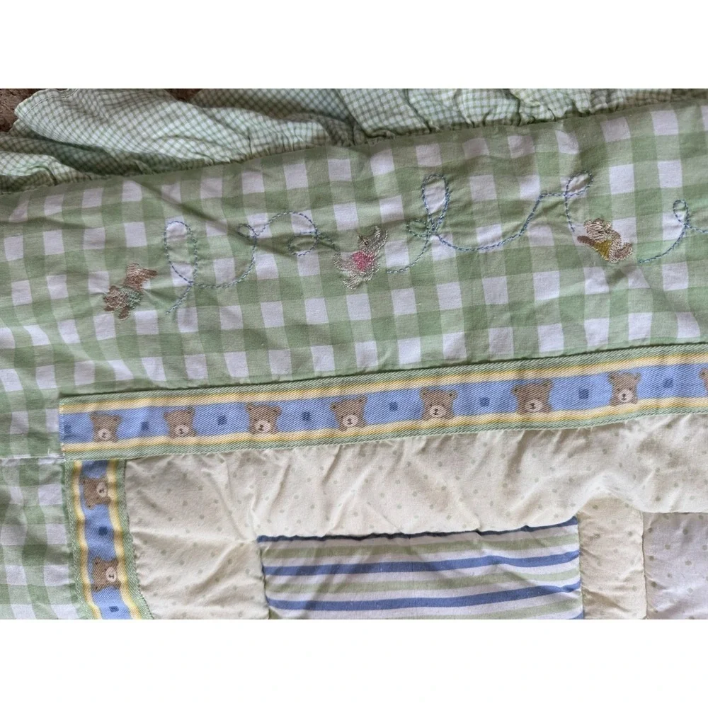 Carter's Teddy Bear Green & Yellow Baby Quilt Blanket Pastel Ruffle Nursery 46